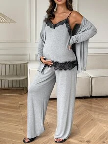 Dazy Maternity Maternity Colorblock Lace Camisole And Adjustable Waist Long Pants With Long Sleeve Cardigan Set - Grey - View 9