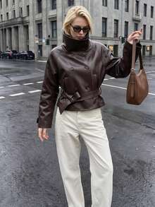 Struktiv Funnel Neck Double Breasted Belted Faux Leather Cropped Jacket - Coffee Brown - View 6
