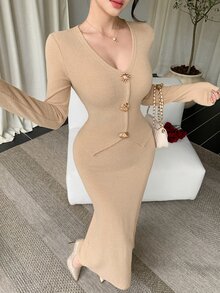 DAZY Women's V-Neck Sweater And Long Skirt Elegant 2 Pieces Set - Khaki - View 4
