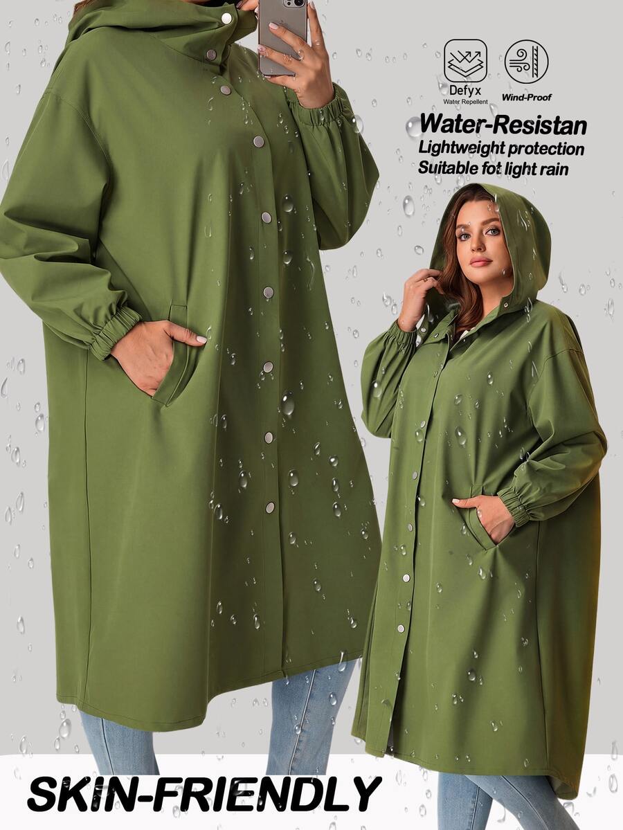 EMERY ROSE Plus Size Solid Hooded Button Front Long Sleeve Trench Coat With Pockets Fall Winter 2026 - Army Green - View 1