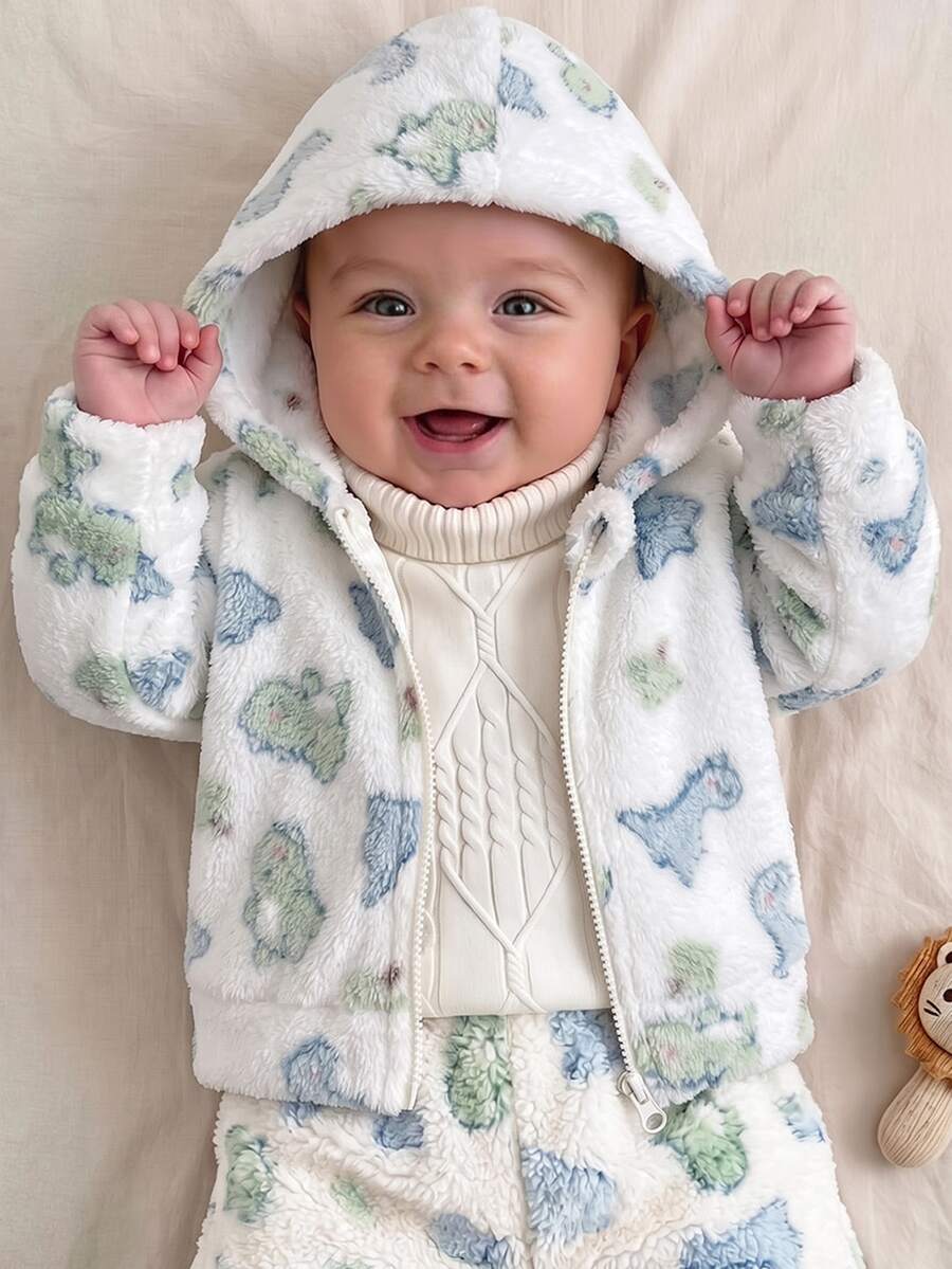 SHEIN Newborn Baby Cartoon Pattern Zipper Casual Daily Hooded Jacket - Beige - View 1