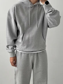 DAZY Men's Autumn/Winter Light Gray Floral Fleece Hoodie Sweatshirt And Straight Leg Sweatpants Set With Ribbed Hem And Cuffs, Elastic Waist - Grey - View 9