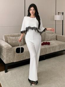 Modelyn Elegant Lace Patchwork Cape Jumpsuit For Women, Sophisticated And Fashionable - Black and White - View 5