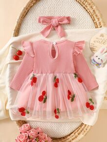 SHEIN 2件組新生兒春秋款酒紅色甜美公主風蝴蝶結蕾絲網紗拼接長袖洋裝附髮帶套裝，寬鬆舒適版型，適合日常穿著、滿月宴、1歲生日派對、節日聚會、拍照拍攝 - 粉色 - 查看 2