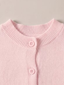 SHEIN 女童修身圓領針織開襟毛衣外套，基礎款針織開襟衫，適合海邊度假、冷氣房、返校季、優雅聚會等場合，適合秋冬穿著 - 淺粉色 - 查看 3
