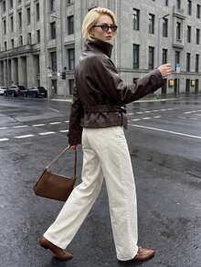 Struktiv Funnel Neck Double Breasted Belted Faux Leather Cropped Jacket - Coffee Brown - View 2