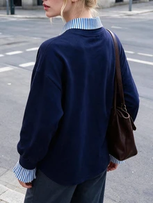 Struktiv Casual Striped Collar Mock Layered Sweatshirt Oversized Long Sleeve Pullover Top For Women - Navy Blue - View 2