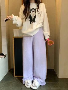 DAZY Cute Cat Pattern Autumn/Winter Knitted 2-Piece Women's Pajama Set - Apricot - View 11