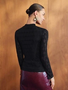 MOTF PREMIUM WOMEN'S ELEGANT LACE STAND COLLAR SLIM FIT T-SHIRT - Black - View 3