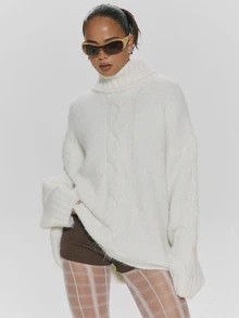 MUSERA Chunky Ribbed Turtle Neck Cable Knit Oversized Jumper Autumn Winter Fall Daily Everyday Essential Core Knitwear - White - View 1