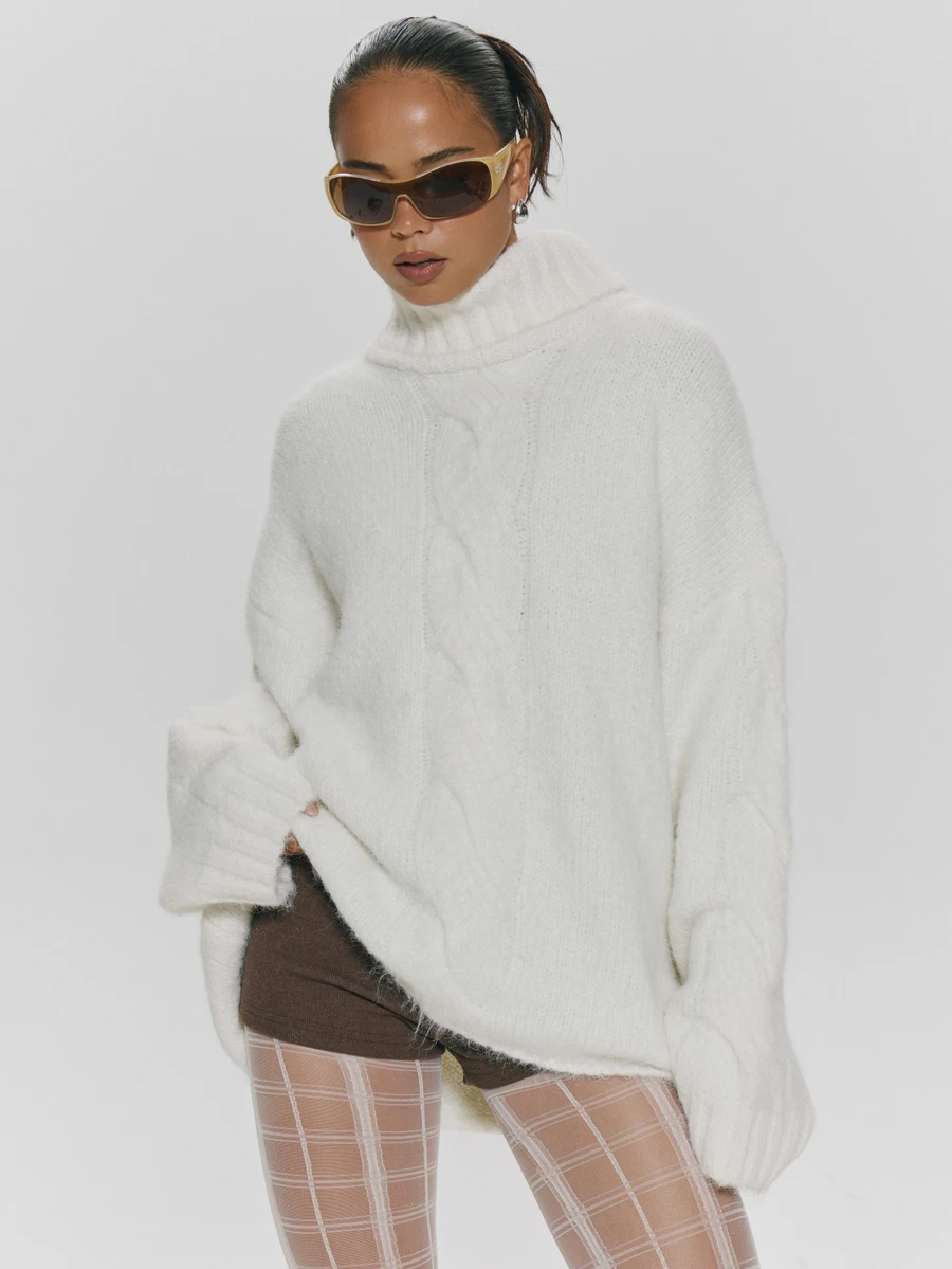 MUSERA Chunky Ribbed Turtle Neck Cable Knit Oversized Jumper Autumn Winter Fall Daily Everyday Essential Core Knitwear - White - View 1