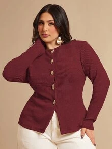 SHEIN BAE 大尺碼女款優雅金屬扣長袖時尚上衣 - 酒紅色 - 查看 4