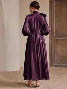 Anewsta Women's Long Grey-Green Dress, Spring/Autumn Style, Ruched Waist, Shiny Fabric, Elegant And Versatile - Purple - View 2