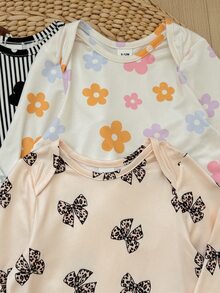 SHEIN (10件套，隨機獲贈5套)女嬰可愛針織花卉與條紋圖案長袖秋季連身衣套裝 - 彩色 - 查看 5