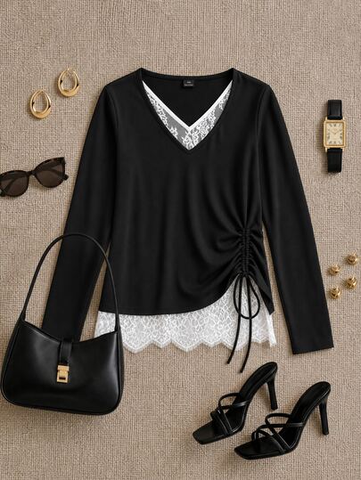 Grovea Women's Plus Size Casual Loose Knit Top Lace Fabric Patchwork Black Knit Long Sleeve T-Shirt Loose Casual Long Sleeve Top Versatile Elegant Top