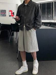 DAZY 秋季男士純色水洗連帽設計黑色牛仔夾克 - 深灰色 - 查看 4