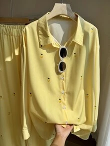 Comfortcana Conjunto de 2 piezas de top de manga larga y pantalones con patrón de rayas y bordado de limón para mujer talla grande, casual para uso diario - Amarillo - Ver 3