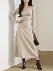 Heiryn Women's Solid Color Round Neck Long Sleeve Casual Knit Dress - Khaki - View 7