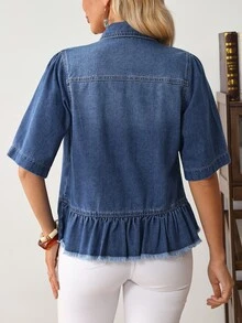 EMERY ROSE Áo khoác denim nữ tay ngắn cài nút đơn gấu bèo nhún - Màu xanh lam - Xem 2