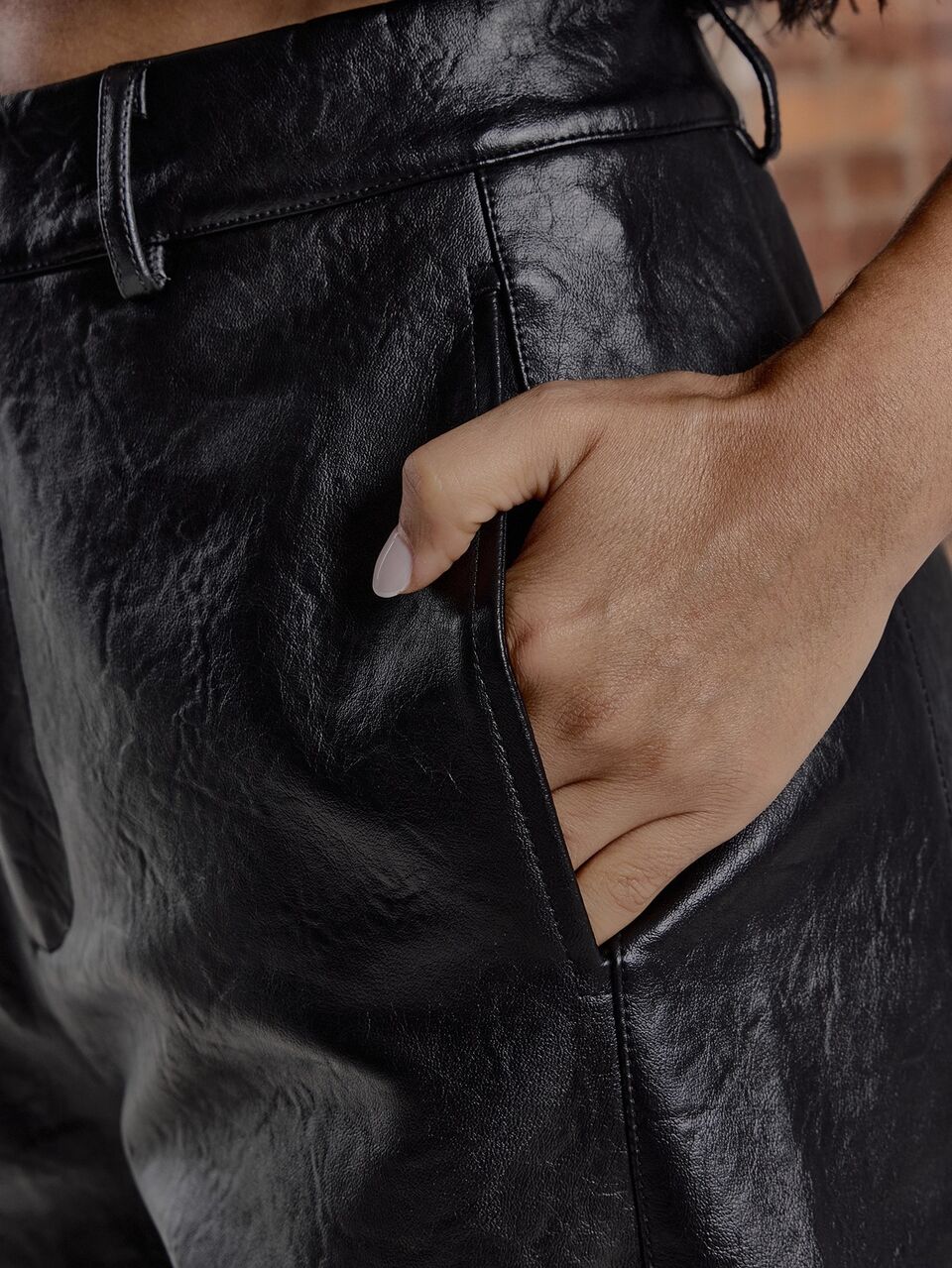 Petite Black Faux Leather Wide Leg Mid Waist Trouser