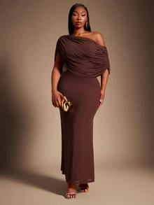Radiana Plus Size Women's Spring/Summer Fashion Elegant Long Dress, Asymmetrical Drape One-Shoulder Design, Combining Goddess Style And Greek-Inspired Pleated Details - Brown - View 8