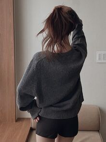 DAZY Women's Solid Color Loose V-Neck Long Sleeve Casual Vacation Autumn/Winter Knit Sweater - Grey - View 5