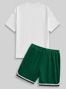 Sorvial Standard Size Loose White T-Shirt Green Basketball Shorts Sports Set, Minimalist Letter Design - Multicolor - View 6