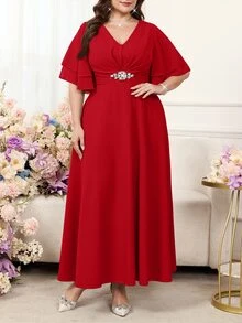 Reflora Plus Size Women's V-Neck Ruffle Short Sleeve Waist Rhinestone Decor Elegant Dress - Red - View 5