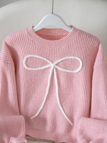 SHEIN Girls' Pink Fashionable Bow Pattern Jacquard Knit Pullover Sweater Long Sleeve Top - Pink - View 3