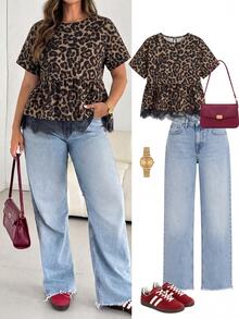 SHEIN Essnce Plus Size Women's Spring/Summer Fashion Casual Elegant Loose Comfortable Daily Versatile Slimming Leopard Print Lace Trim Hem Short Sleeve Babydoll Blouse - Multicolor - View 2