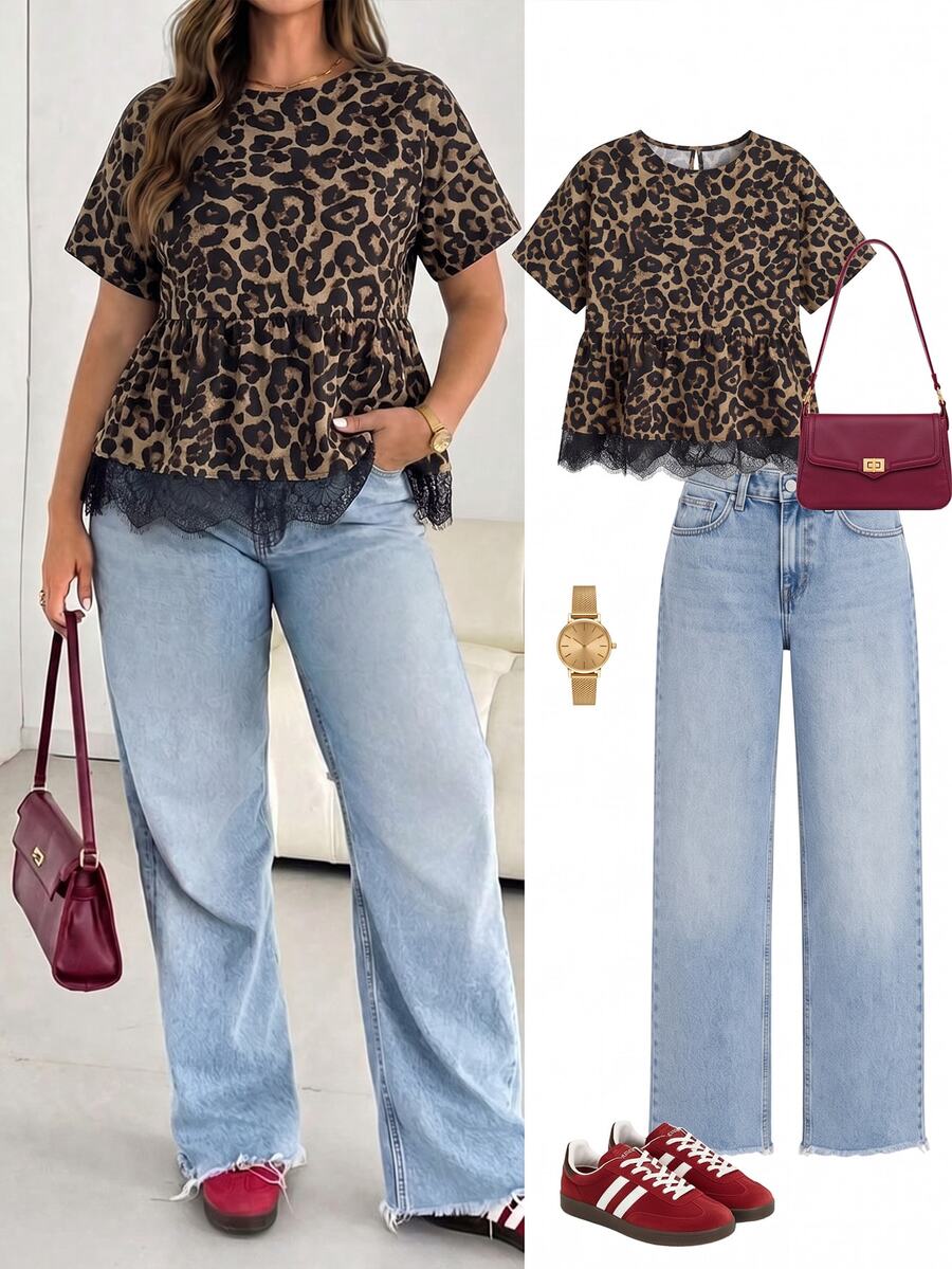 SHEIN Essnce Plus Size Women's Spring/Summer Fashion Casual Elegant Loose Comfortable Daily Versatile Slimming Leopard Print Lace Trim Hem Short Sleeve Babydoll Blouse