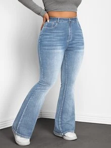SHEIN PETITE CURVE بنطلون جينز واسع الساق بأزرار وجيوب متعدد الاستخدامات للمقاسات الكبيرة - الأزرق - مشاهدة 3