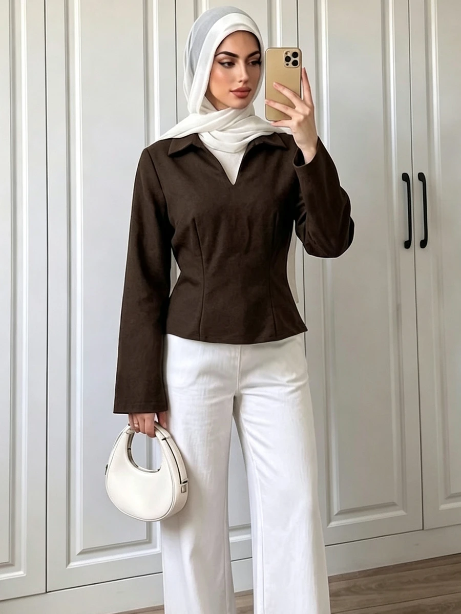 Elenzga Women's Solid Color Short Tweed Shirt - Brown - View 1