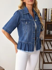 EMERY ROSE Áo khoác denim nữ tay ngắn cài nút đơn gấu bèo nhún - Màu xanh lam - Xem 4