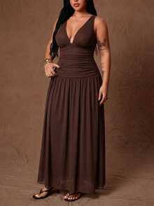 Rustia Plus Size V-Neck Tank Top & Long Skirt 2 Pieces Set - Brown - View 4