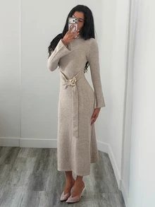 Elenzga Women's Autumn/Winter Elegant Semi-High Neck Slim Fit Metal Button Bell Sleeve Knit Sweater Dress - Apricot - View 4