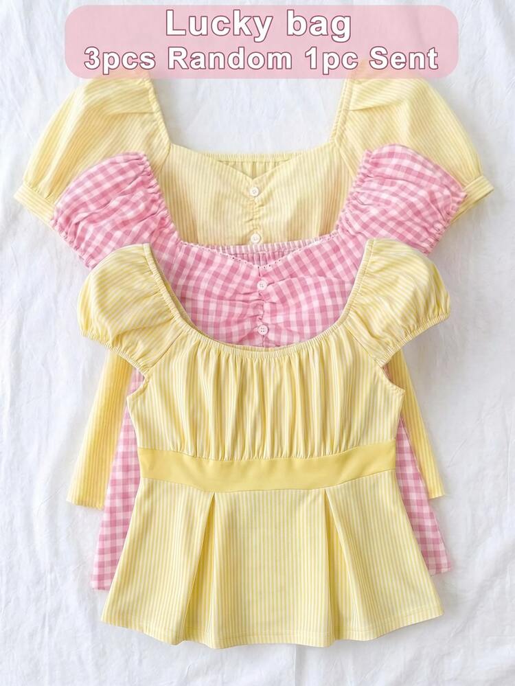 SHEIN Kids Tween Girl Ruched Sweet Tween Girl Fashion Blouse For Vacation And Travel Lucky Bag 3pcs Random 1pc Sent - Yellow - View 3