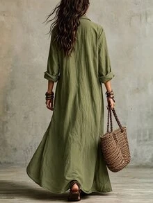 LUMIGAL Vintage Casual Bohemian Style Olive Green Faux Linen Single Pocket Button Front And Front Slit Long Slim Shirt Dress - Olive Green - View 2