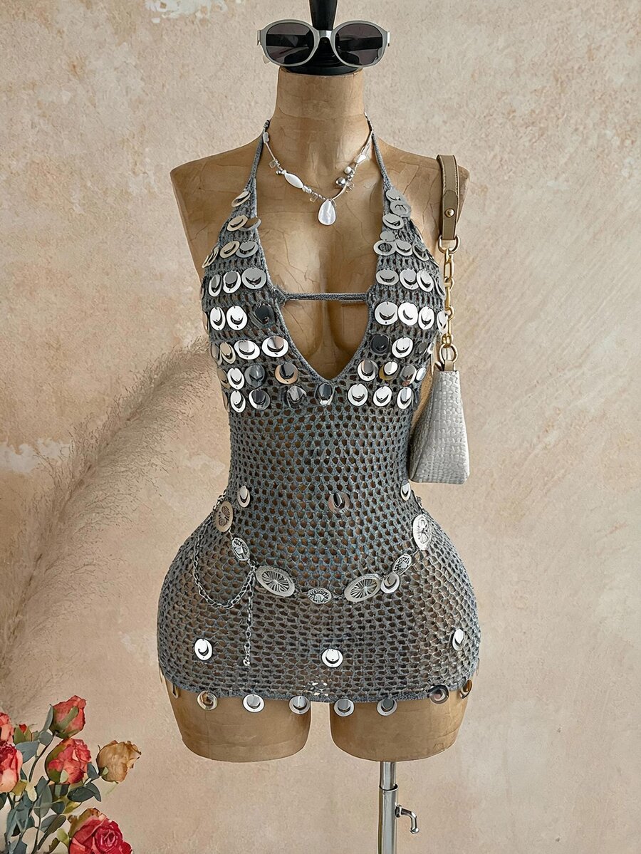 Soleia Plus Size Women's Grey Autumn/Winter Sequin Halter Neck Knit Dress - Grey - View 1