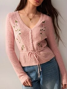 Willow Rêve Women's Dusty Pink V-Neck Cardigan Sweater With Floral Embroidery, Button Front, Drawstring Waist And Long Sleeves, Romantic Cottagecore Autumn Style - Pink - View 1