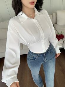 Feyla Women's Solid Color Drop Shoulder Long Sleeve Single-Breasted Waist-Cinching Blouse - White - View 5