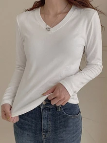 DAZY Women's Solid Color V-Neck Long Sleeve Casual Versatile T-Shirt - White - View 2