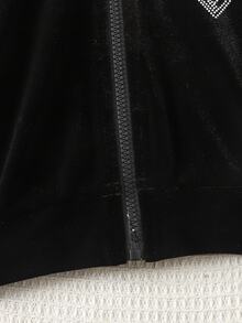 SHEIN 青少年女孩運動休閒街頭時尚天鵝絨愛心水鑽拉鍊連帽衛衣與直筒長褲2件套，黑色天鵝絨套裝，適合聖誕節、新年 - 黑色 - 查看 7