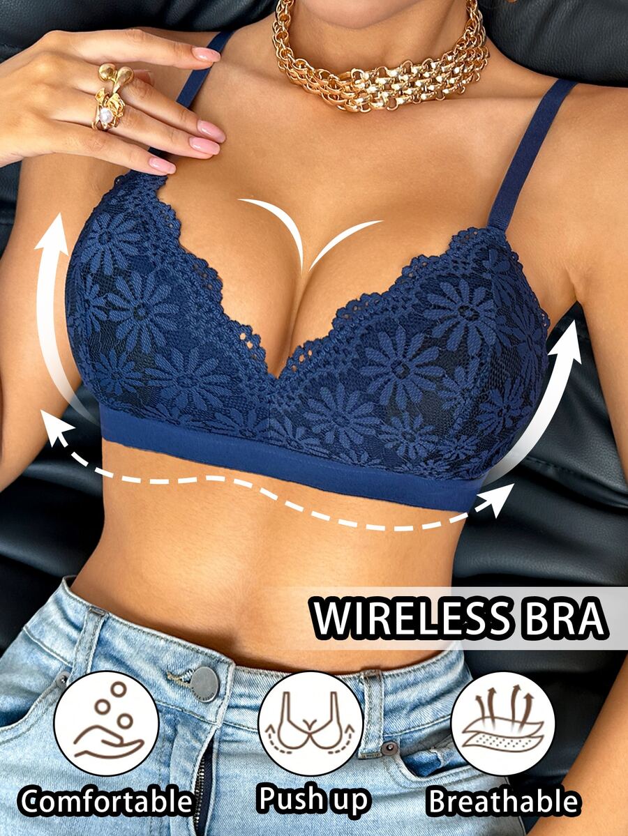 Divavoom 1pc Women's Lace Wireless Bra - Navy Blue - View 1
