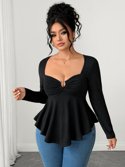 Elenzga Plus Size Sexy Hollow Out Strapless Long Sleeve Women's Top
