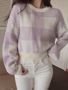 DAZY Women's Colorblock Plaid Loose Short Long Sleeve Crew Neck Casual Vacation Spring Autumn Knit Sweater - Purple - View 4