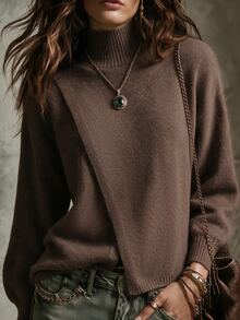 SHEIN Fall Casual Half Turtleneck Wrap Seam Oversized Bishop Sleeve Knit Sweater - Brown - View 8