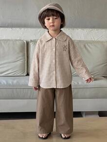 Dazy Kids Young Boys Casual Plaid Long Sleeve Shirt + Straight Leg Pants Casual Shirt Set Fall - Apricot - View 5