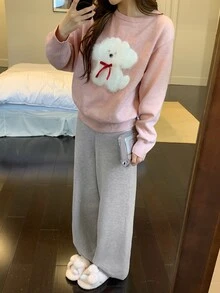 DAZY Autumn/Winter Knit Cute Puppy Pattern Loose Long Sleeve Top & Straight Leg Long Pajama Pants 2pcs Set Women's Sleepwear - Pink - View 13