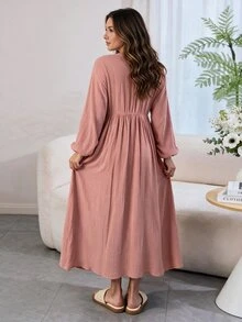 SHEIN Maternity Home Dress Loose Comfortable 100% Cotton - Dusty Pink - View 2